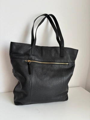John Lewis black leather tote bag with gold hardware