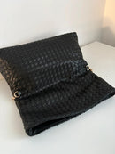 Black Woven Leather Shoulder Clutch Bag with Gold Chain Strap