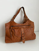 Brown Leather Shoulder Bag with Front Buckle Pocket