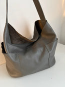 Gray Leather Shoulder Bag with Wide Strap