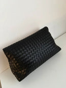 Black Woven Leather Shoulder Clutch Bag with Gold Chain Strap