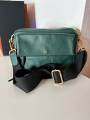 Accessorize Dark Green Leather Women's Satchel with Adjustable Black Strap, Very Good Condition