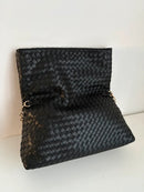 Black Woven Leather Shoulder Clutch Bag with Gold Chain Strap