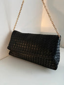 Black Woven Leather Shoulder Clutch Bag with Gold Chain Strap