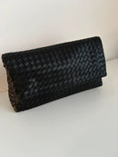 Black Woven Leather Shoulder Clutch Bag with Gold Chain Strap