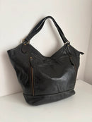 Black Leather Shoulder Bag with Zip Pockets
