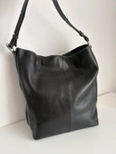S'Noir Black Leather Shoulder Bag with Adjustable Strap