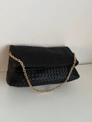 Black Woven Leather Shoulder Clutch Bag with Gold Chain Strap