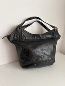 Black Leather Shoulder Bag with Zip Pockets