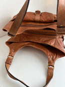 Brown Leather Shoulder Bag with Front Buckle Pocket
