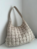 Beige Quilted Shoulder Bag with Ring Zipper Pull