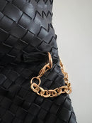 Black Woven Leather Shoulder Clutch Bag with Gold Chain Strap