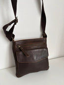 Brown Leather Crossbody Bag with Front Pocket and Adjustable Strap