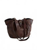 Brown Genuine Leather Shoulder Tote Bag with Buckle Detail
