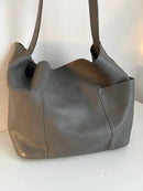 Gray Leather Shoulder Bag with Wide Strap
