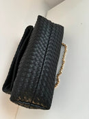 Black Woven Leather Shoulder Clutch Bag with Gold Chain Strap