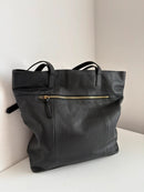 John Lewis black leather tote bag with gold hardware