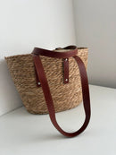 No Label Brown and Beige Woven Bohemian Summer Tote Bag with Leather Handles