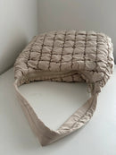 Beige Quilted Shoulder Bag with Ring Zipper Pull