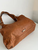 Brown Leather Shoulder Bag with Front Buckle Pocket