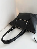 NBS Collection Black Leather Tote Bag with Exterior and Interior Zipper Pockets