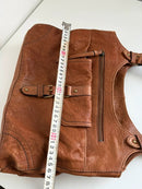 Brown Leather Shoulder Bag with Front Buckle Pocket