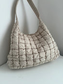 Beige Quilted Shoulder Bag with Ring Zipper Pull