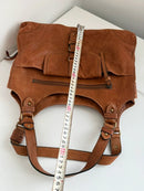 Brown Leather Shoulder Bag with Front Buckle Pocket