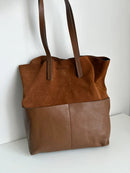 Brown Suede and Leather Tote Bag with Long Handles