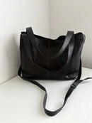 Classic Black Genuine Leather Shoulder Bag with Adjustable Strap