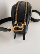 Black Leather Double Zipper Crossbody Bag with Adjustable Strap