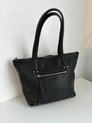 NBS Collection Black Leather Tote Bag with Exterior and Interior Zipper Pockets