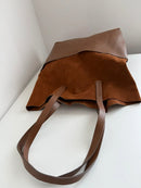 Brown Suede and Leather Tote Bag with Long Handles