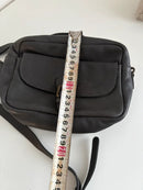 Black Leather Crossbody Bag with Buckle Detail and Patterned Interior