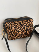 Leopard Print and Black Leather Crossbody Bag with Gold Hardware