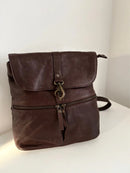 Brown Leather Backpack with Front Zip Pocket and Buckle Closure