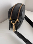 Black Leather Double Zip Crossbody Bag with Adjustable Strap