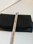 Black Woven Leather Shoulder Clutch Bag with Gold Chain Strap
