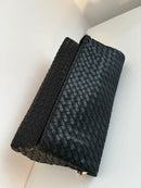 Black Woven Leather Shoulder Clutch Bag with Gold Chain Strap