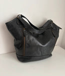 Black Leather Shoulder Bag with Zip Pockets