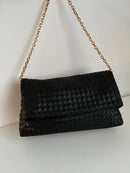 Black Woven Leather Shoulder Clutch Bag with Gold Chain Strap