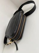 Black Leather Double Zipper Crossbody Bag with Adjustable Strap