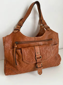Brown Leather Shoulder Bag with Front Buckle Pocket
