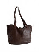 Brown Genuine Leather Shoulder Tote Bag with Buckle Detail