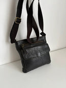 Black Leather Crossbody Messenger Bag with Adjustable Brown Strap – Casual