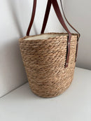No Label Brown and Beige Woven Bohemian Summer Tote Bag with Leather Handles