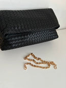 Black Woven Leather Shoulder Clutch Bag with Gold Chain Strap